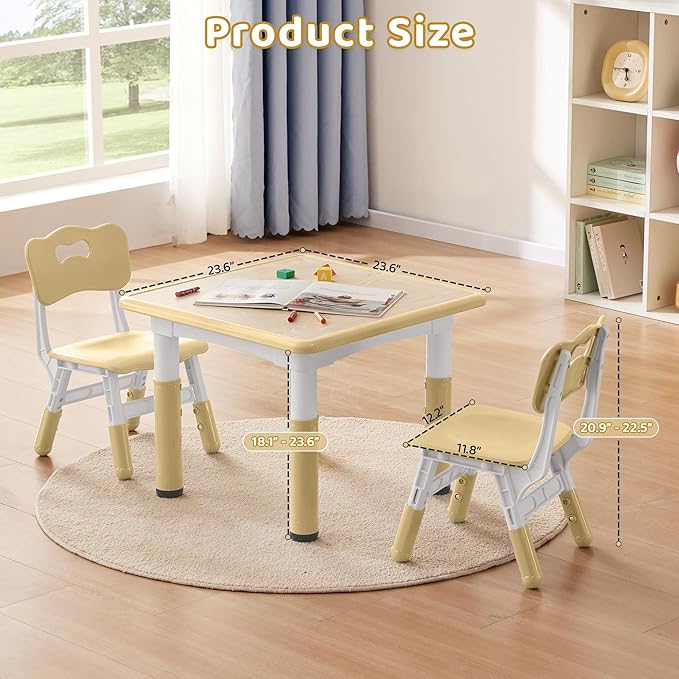 Adjustable Kids Table Chairs Set – Graffiti Desktop, Multi-Activity Height-Adjustable Toddler Study Desk for Ages 3-8 – Ideal for Home, Classroom, Daycare (W-Brown, 2 Chairs-23.6" L x 23.6" W)