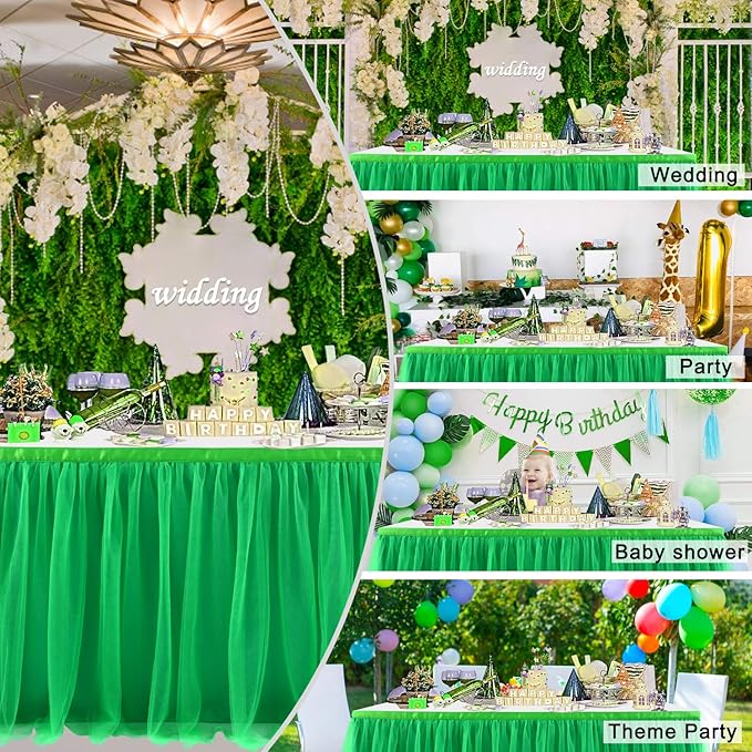 14ft Green Table Skirt Tulle Tutu Table Clothes for Birthday Boy Girl Baby Shower Gender Neutral Graduation, Hawaiian Jungle Luau Themed Party, Animal Safari Theme Party Decorations
