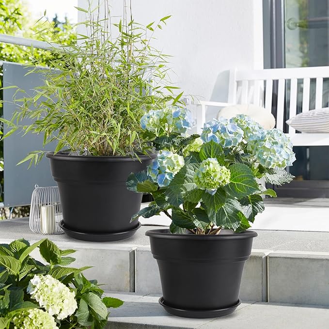 10-inch-Plant-Pots-Indoor-Outdoor, 4 Pack Plastic Planters with Drainage Holes & Saucers, Resin Flower Pots with Trays, Classic Garden Pot Container for House