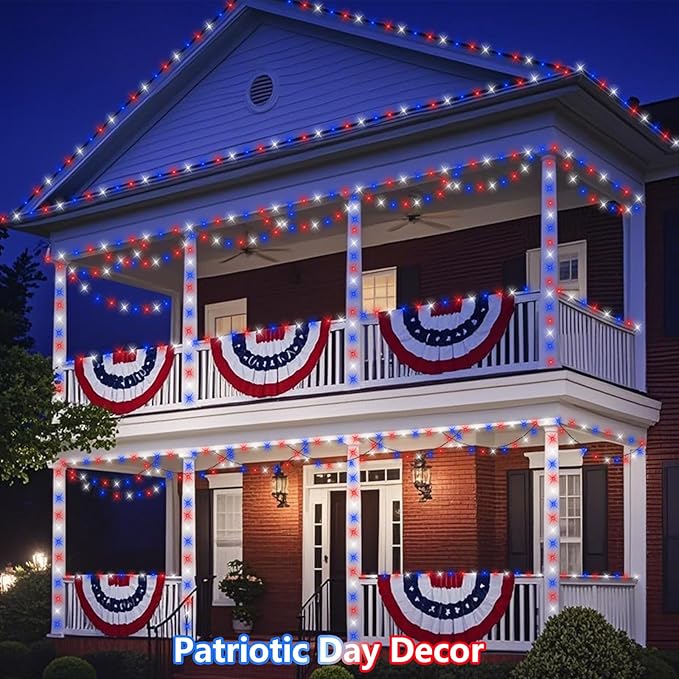 QITONG 500 LED Red White and Blue String Lights,165ft 4th of July Lights Plug in Outdoor Indoor, 8 Modes Clear Wire Patriotic Light for Independence Day Memorial Day Celebration Party Decor