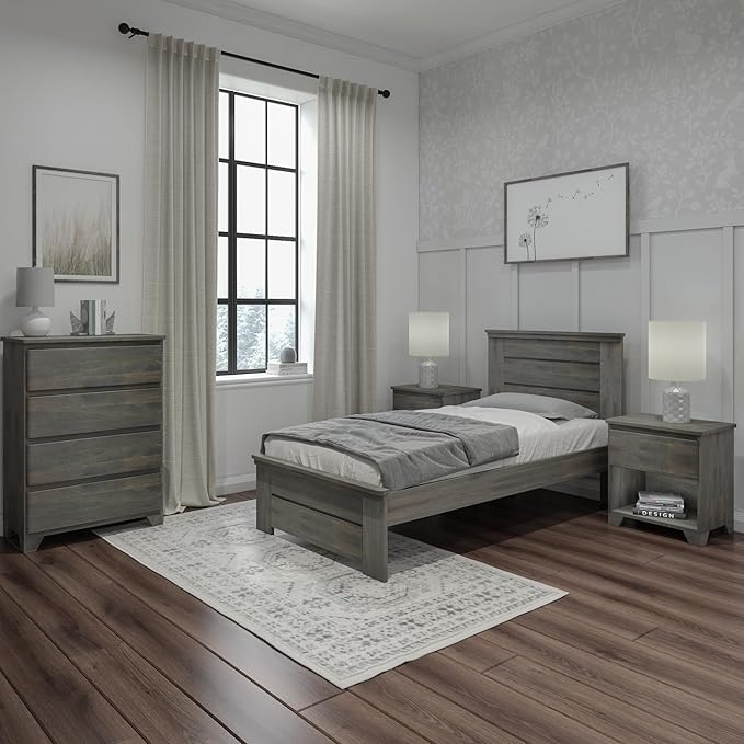 Max & Lily Modern Farmhouse Twin Bed, Bed Frame with Headboard For Kids, Panel, Driftwood