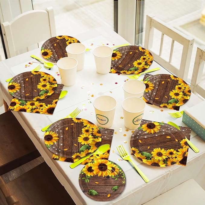 96 Pcs Sunflower Party Plates Napkins Tableware Set Sunflower Wood Grain Themed Supplies Disposable Dinnerware Sunflower Decoration Favors for Kids, 24 Guests