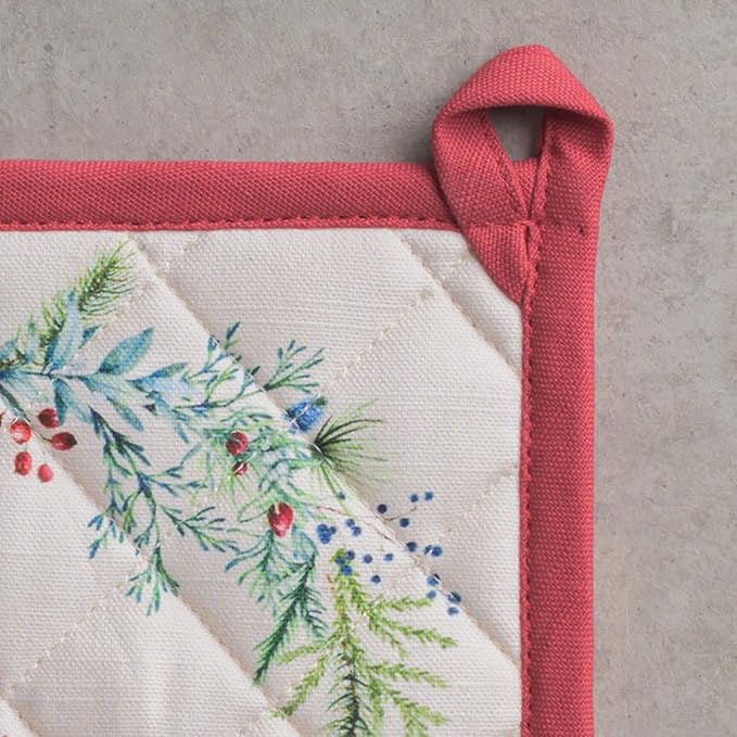 Maison d' Hermine Pot Holders 100% Cotton Heat Resistant Potholders 8" x 8" Hot Pads with Loop for Thanksgiving Christmas Decorations BBQ Cooking Baking Handling Hot Pans (Pack of 1, Holly Time)