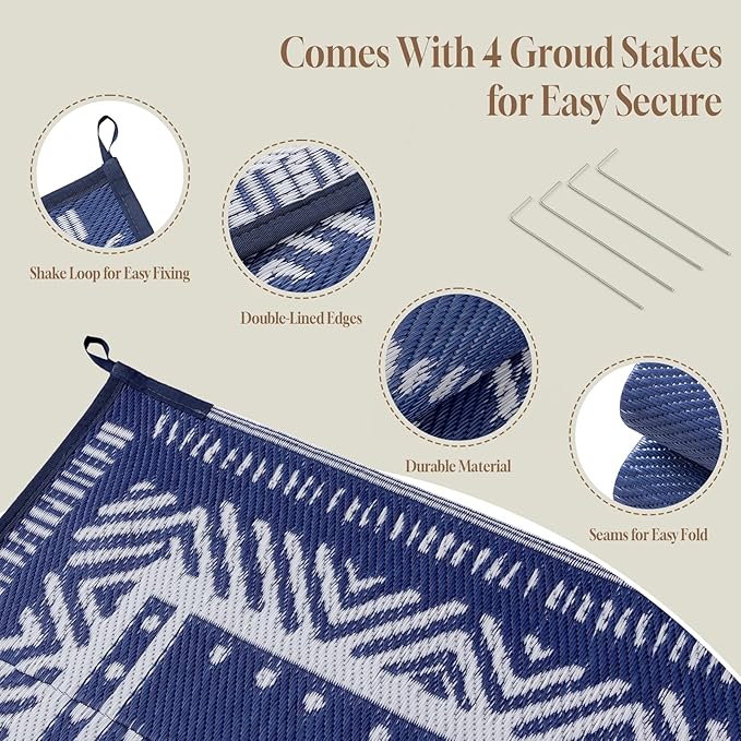 OMERAI Reversible Waterproof Outdoor Rug for Backyard,Plastic Textured Resistant Outdoors Rugs,Portable Washable Easy Cleaning Foldable Camping Beach Carpet for Patio Courtyard, 5'x8' Blue & White
