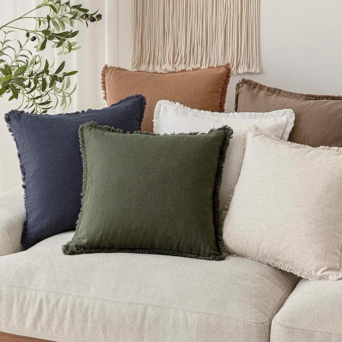 Foindtower Set of 2 Decorative Linen Fringe Throw Pillow Covers Boho Farmhouse Cushion Cover with Tassels Soft Accent Pillowcase for Couch Sofa Bed Living Room Home Decor,26×26 Inch,Dark Olive Green