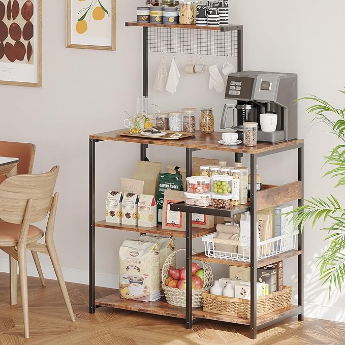 Zenira 7 Tiers Kitchen Bakers Rack with Storage Shelves, 36 Inch Microwave Stand, Coffee Bar Cart Station with 3 S Hooks, Kitchen Shelves for Pantry, Spices, Pots, Utensils, Rustic Brown