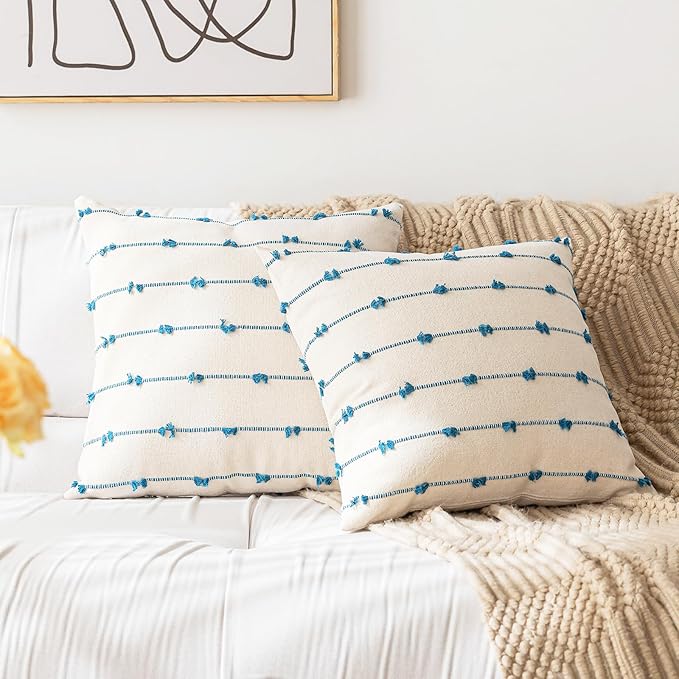 Boho Throw Pillow Covers 16x16 Set of 2 Modern Farmhouse Decorative Cushion Case Tufted Square Pillows Cover Neutral Pillow Cases Accent Pillowcase for Sofa,Couch,Bed,Beige and Blue