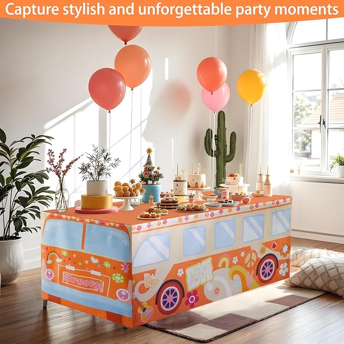 6Ft Groovy Bus Tablecloth,Hippie Birthday Party Decorations for 60s 70s Boho Themed Birthday,Baby Shower,Carnival Party Decorations