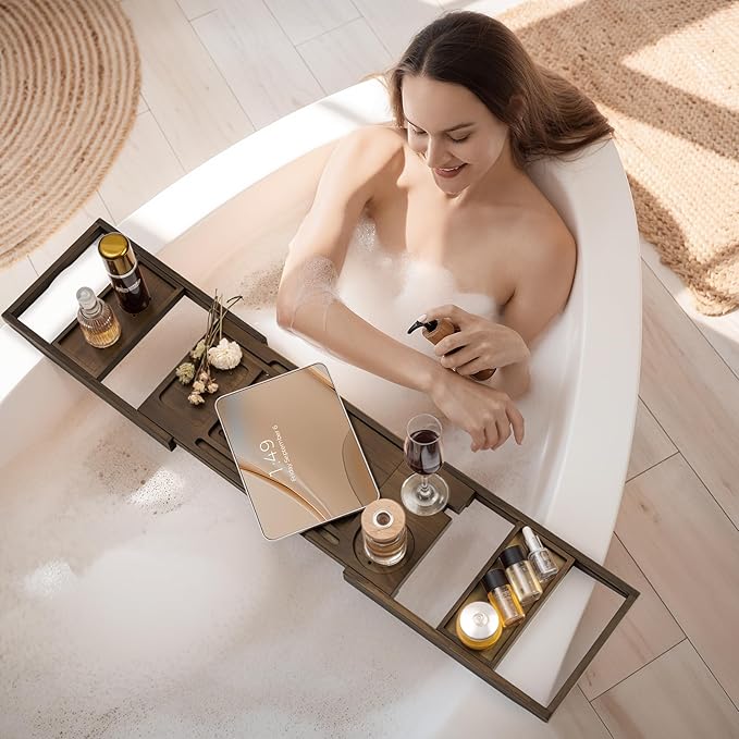 Teak Bathtub Tray Expandable Bathroom Tray for Home Spa Relaxation, Wooden Tray Caddy for Bathtub, Teak Bathtub Caddy as Unique Housewarming, Birthday, Wedding Shower Gifts (Dark Walnut)