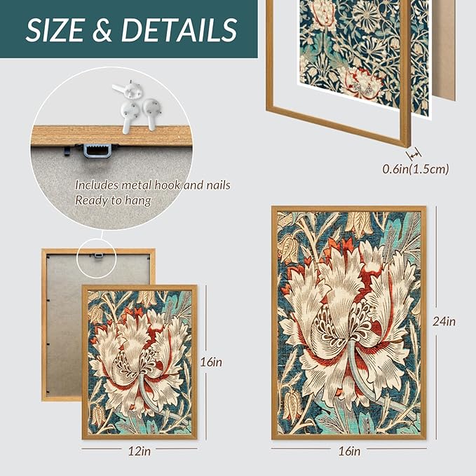 FASWQ Wood Framed William Morris Wall Art, Nouveau Vintage Botanical Wall Decor, Retro Intricate Floral Animal Canvas Painting, Retro Natural Flower Bird Poster Print for Living Room Bedroom 16"x24"x3