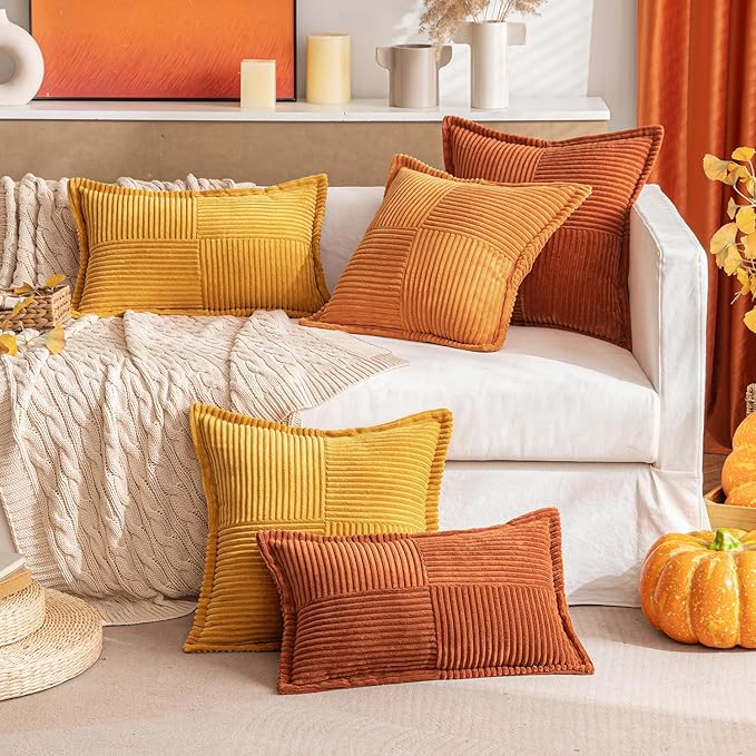 MIULEE Burnt Orange Fall Decorative Lumbar Throw Pillow Covers for Couch Bed Livingroom 12x20 Inch Set of 2 Boho Accent Throw Pllows Broadside Striped Patchwork Soft Corduroy Pillowcases
