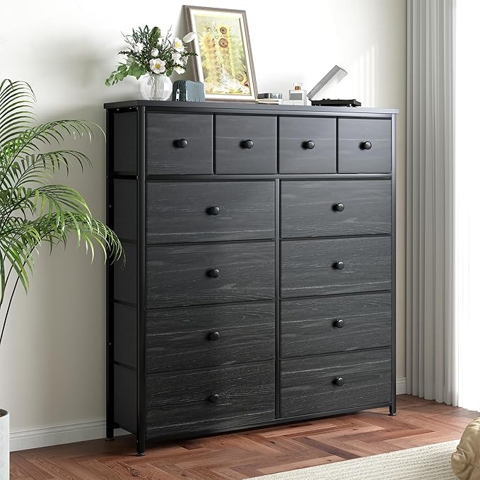 Dresser for Bedroom with 12 Drawers Tall Dressers for Bedroom Fabric Dressers & Chest of Drawers with Sturdy Metal Frame, Wood Top, for Woman, Closet, 40.6" W x 11.8" D x 44.5" H (Charcoal Black)