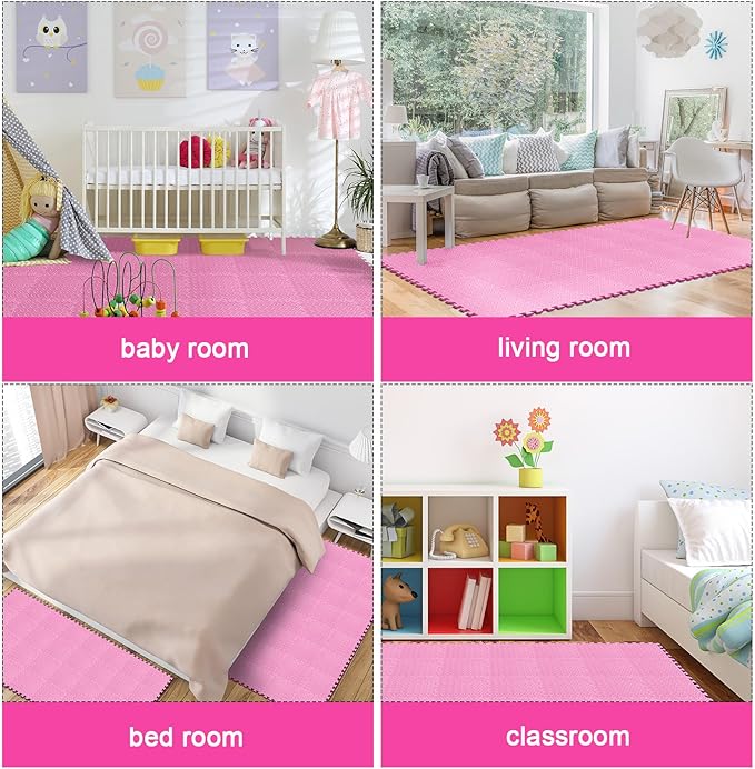 Shihanee 16 Pcs Foam Floor Baby Tiles 11.81 x 11.81 inches Foam Floor Mats Play Mats Bulk with Borders Interlocking for Kids Baby Playroom Nursery Gym(Light Pink)