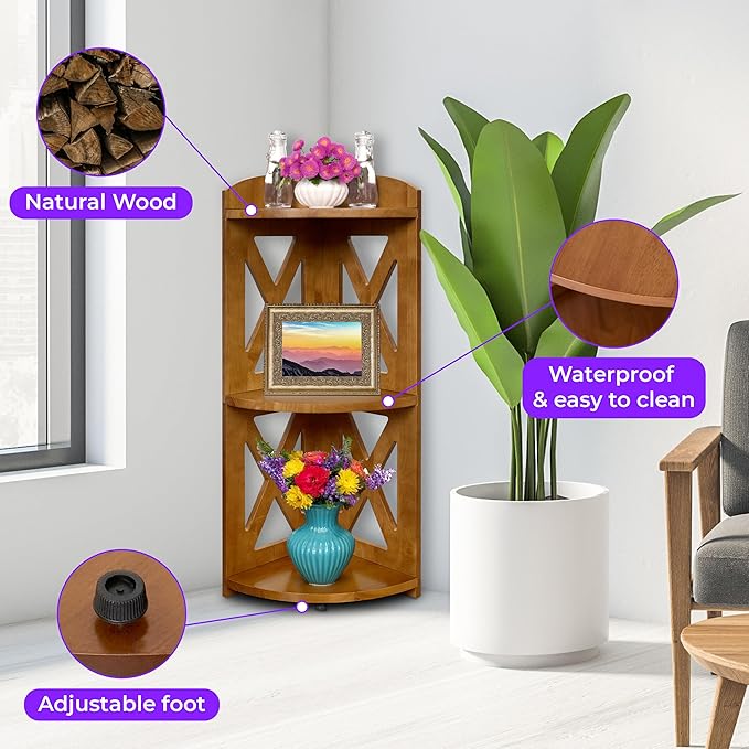 Corner Shelf Stand, Corner Bookshelf, Small Corner Shelves by Natural Wood, Plant Stand, Corner Bookcase for Living Room, Home Office, Bedroom, (Brown, 3 Tier X)