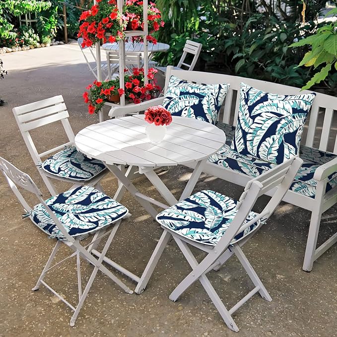 Set of 2 Outdoor Chair Cushions with Ties,Water Repellent Patio Chair Pads 17"x 16" for Outdoor Furniture,Round Corner Seat Cushions for Garden Yard Kitchen Baltic Palms White