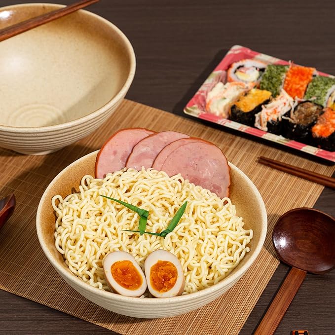 8 Inch Ceramic Ramen Bowl Set of 2, 40oz Japanese Bowls with Spoons & Chopsticks,Durable,Microwave & Dishwasher Safe,Perfect for Ramen,Pho,Salad,Soup,Noodles,Mixing bowls(Amber)