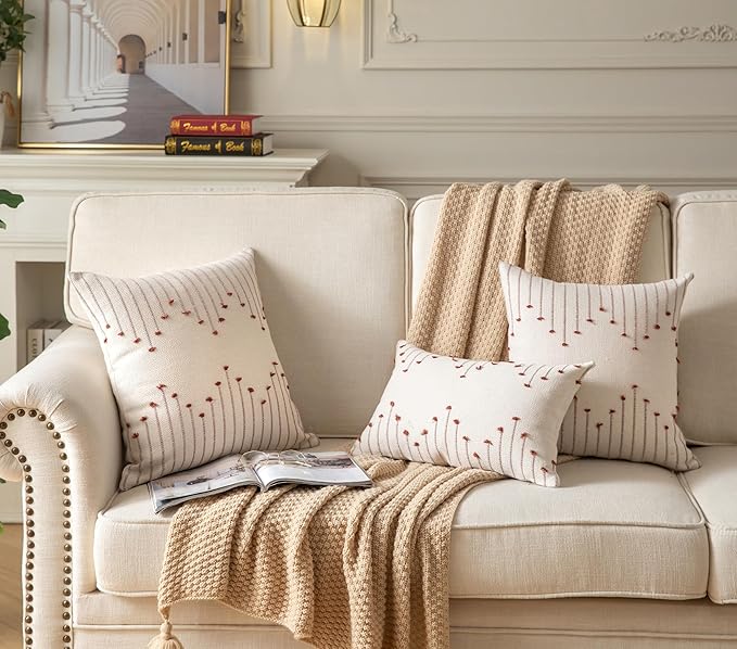 Caflife Boho Throw Pillow Covers 12x20 Set of 2 Decorative Pillows for Bed, Neutral Pillow Covers Beige with Rust Line Throw Pillows for Modern Farmhouse Couch Sofa Living Room Outdoor