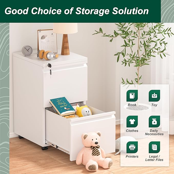 Superday 2 Drawer File Cabinet, Metal Rolling Filing Cabinet with Lock, Small File Cabinets with 2 Drawer, Filing Cabinets for Home Office Fit A4/Letter/Legal, Easy Assemble, White