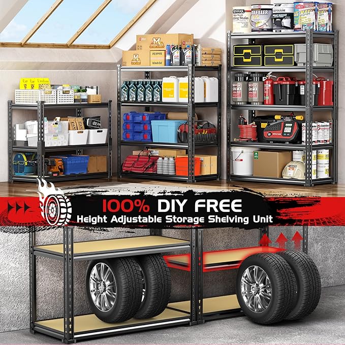 TigerParty 2020LBS Garage Shelving Units, 5-Tier Storage Shelves Heavy Duty, Adjustable Metal Organizer Utility Rack for Kitchen, Closet, Warehouse, Pantry, 72" H x 35.55" W x 16" D, 4PCS