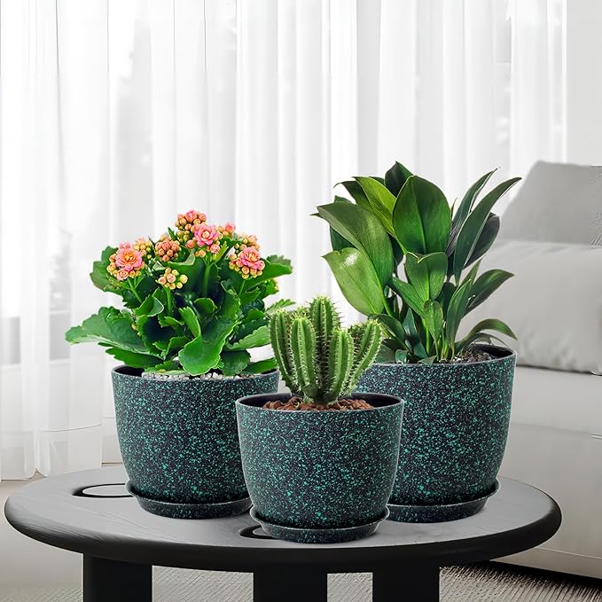 Plant Pots 9/8/7.5inch, Set of 3 Modern Decorative Plastic Planters with Drainage Holes and Saucer for Garden House Plants, Flower Pots for Indoor Outdoor Plants, Black with Green Speckles