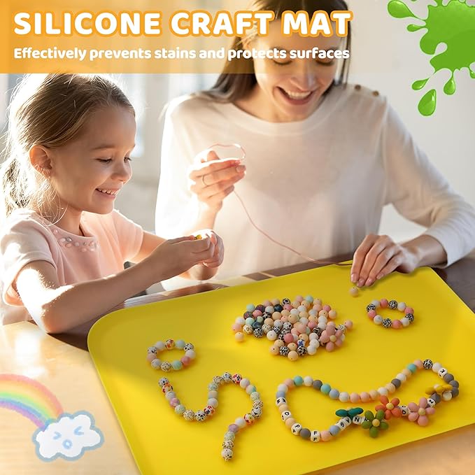 Silicone Craft Mats for Kids 24"x16"– with Raised Lip & Non-Slip | Reusable Silicone Art Mat for Play Sand, Painting, DIY Crafts | Durable Design (Yellow)