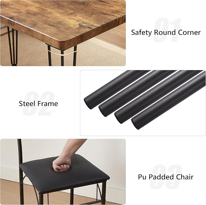 VECELO Kitchen Dining Room Table Set with 4 Chairs for Small Space, Apartment,Metal Steel Frame