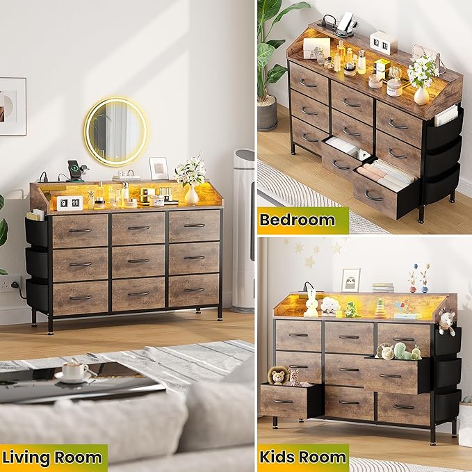Lulive Brown Dresser for Bedroom 9 Drawers - Fabric Dressers for Bedroom with LED Light & Charging Station