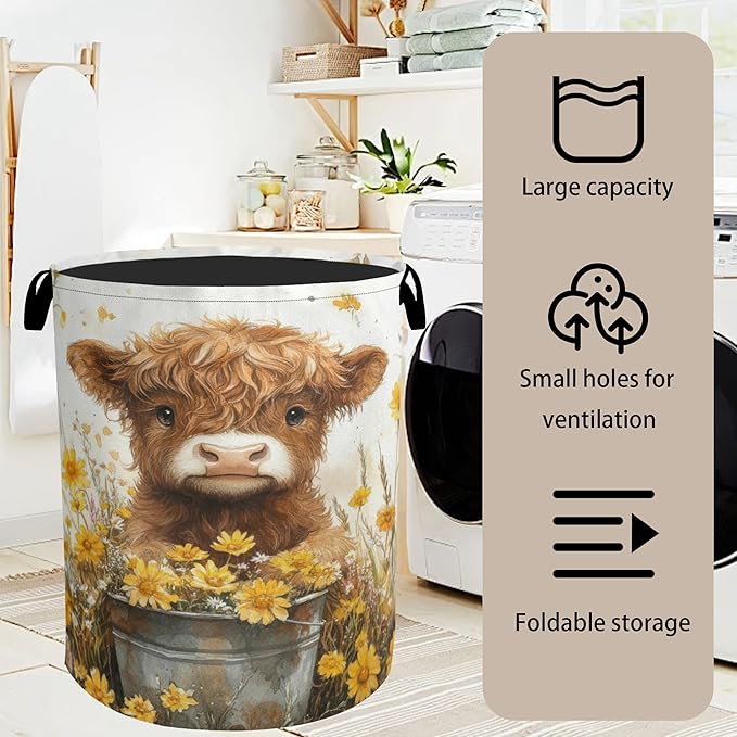Cute Highland Cow Flower Foldable Canvas Laundry Basket with Handles - Storage Organizer, Heavy Duty for Home,Bedroom, Dorm, Bathroom
