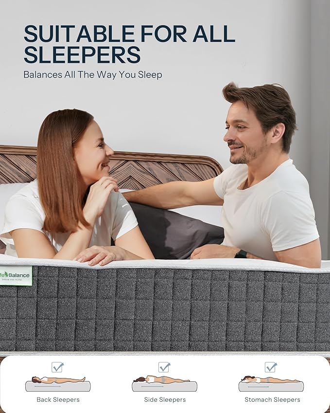 Life Balance Hybrid Queen Mattress 12 Inch, Made in USA, Medium Firm, Individual Pocket Coils & Supportive Foam, Motion Isolation & Pain Relief, Mattress in a Box, CertiPUR-US Certified, CE-12-Q