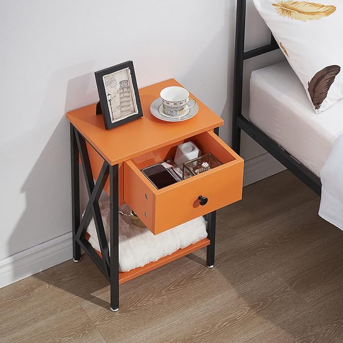VECELO Nightstand,Modern Bedside End Table, Night Stand with Drawer and Storage Shelf for Living Room Bedroom, Industrial Metal Frame