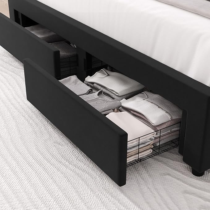 HITHOS Queen Upholstered LED Bed Frame with 2 Storage Drawers, Velvet Platform Bed with Wingback Headboard, Solid Wooden Slats Support, No Box Spring Needed, Headboard Splicing Design, Black