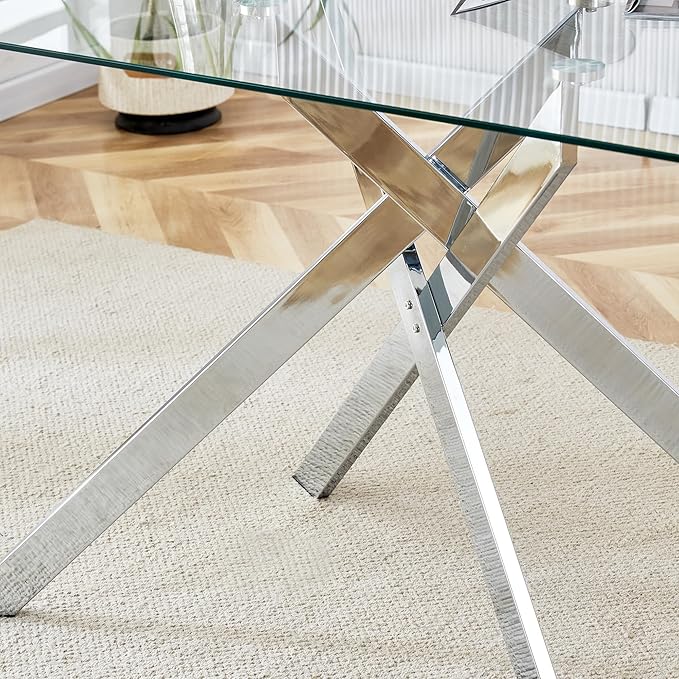 Goujxcy 5 Piece Glass Dining Table Set Modern Glass Dining Table Set for 4, 51" Rectangular Kitchen Table and 4 Velvet Upholstered Chairs for Kitchen Dining Room, Silver Table & Beige Chair