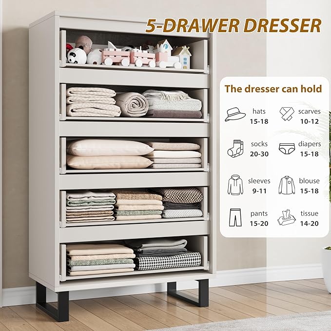 GarveeHome 5 Dresser for Bedroom, 50" Tall Dresser, Freestanding Vertical Drawer with Storage, Wooden Closet Chest Storage for Living Room, Hallway, Entryway, White