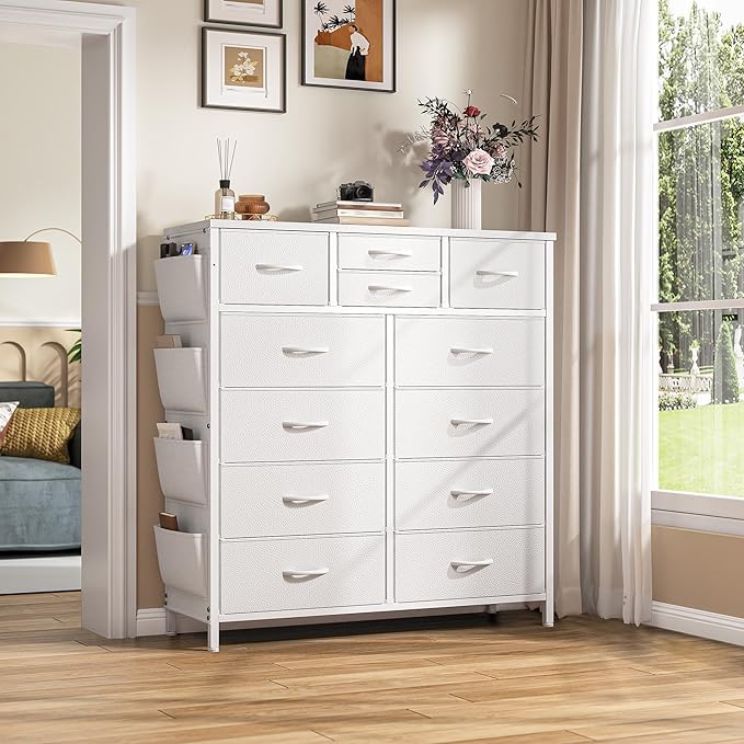 EnHomee Dresser for Bedroom with 12 Drawers, Tall Dressers & Chest of Drawers with Side Pockets, Fabric Dresser for Bedroom, Closet, Hallway, Living Room, Sturdy Metal Frame, Wood Top, White