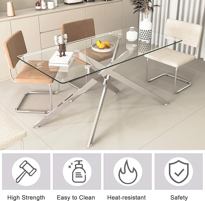 60.6'' Tempered Glass Dining Table for 4-6 People, Rectangle Kitchen Table with X-Base Metal Legs, Adjustable Feet, Glass Top Desk for Home Office Silver Dining Room Table for 6