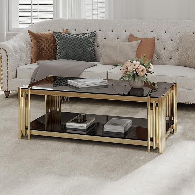 Glass Gold Coffee Table Set of 2,Modern Rectangle Coffee Table and Console Table w/Storage,Glass Coffee Table Set with Steel Frame,2 Pieces Living Room Table Set for Apartment Home Office