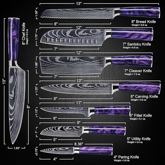 SENKEN 8-Piece Japanese Knife Set with Blue Resin Handle and Laser Damascus Pattern - Cerulean Collection - Chef's Knife, Cleaver, Santoku Knife, Bread Knife, Paring Knife, & More (Amethyst Purple)