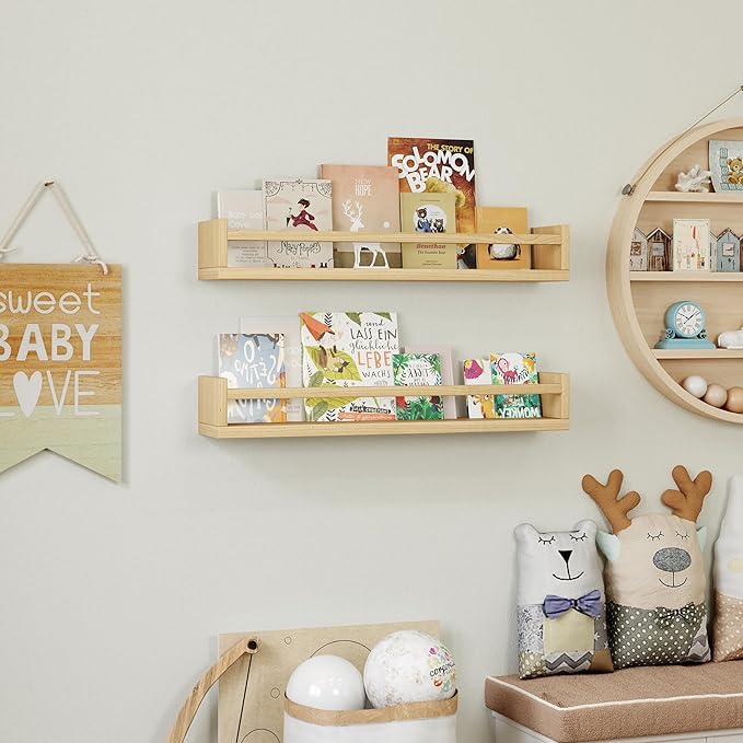 Onlysky Set of 4 Wall-Mounted Kid's Bookshelf - Wood Floating Nursery Book Shelves - Durable Wood Construction - Ideal for Nursery Decor, Kids Room, Toy Storage
