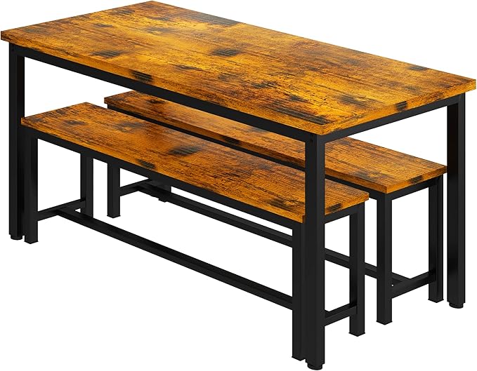 AWQM Dining Table Set with Two Benches, Kitchen Table Set for 4-6 Persons, Kitchen Table of 47.2x28.7x28.7 inches, Benches of 40.5x11.0x17.7 inches, Rustic Brown