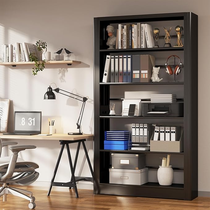 5-Tier Industrial Bookshelf, White Bookcases and Bookshelves,Tall Bookshelf Storage Organizer,Freestanding for Living Room, Bedroom,Home Office,Meta,Black