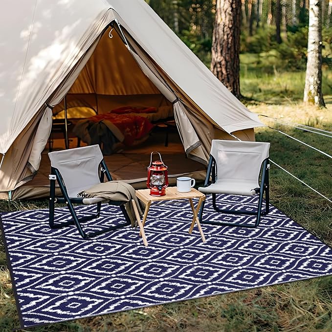 OLANLY Outdoor Rug 9x12 ft Waterproof, Outdoor Plastic Straw Rug with Geometric Pattern Clearance, Reversible RV Mat for Patio, Camping, Balcony, Deck, Backyard, Navy & White