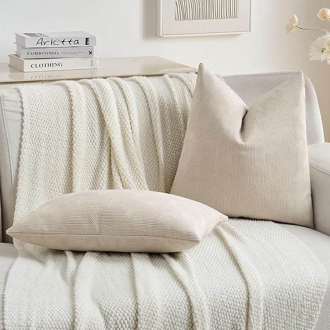 FUTEI Beige Chenille Decorative Throw Pillow Covers 26x26 Inch Set of 2,Soft Cozy Striped Geometric Patterns Euro Pillow Sham,Modern Home Decor for Couch Bed Living Room