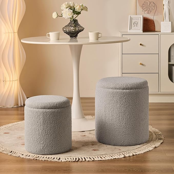 Round Ottoman with Storage Set of 2-Upholstered Sherpa Vanity Stool for MakeupMultifunctional Ottomans Coffee Table Padded Seat Foot Rest for LivingRoom&Bedroom(Sherpa Gray)