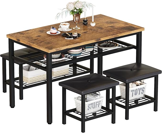 Lamerge Kitchen Tables Set for 4, Rectangular Dining Room Table Set with Bench and Stools, 4 Pieces Dining Room Table Set with Storage Rack for Small Space, Breakfast Nook and Apartment, Rustic Brown
