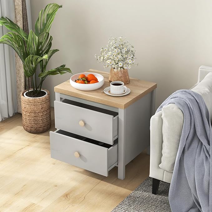 Giantex Night Stand with 2 Drawers Set of 2, Farmhouse Bedside Table with Cute Round Knobs, Wooden Floor End Table with Rubber Wood Legs, Small Sofa Side Table for Small Space Kids Bedroom, Grey