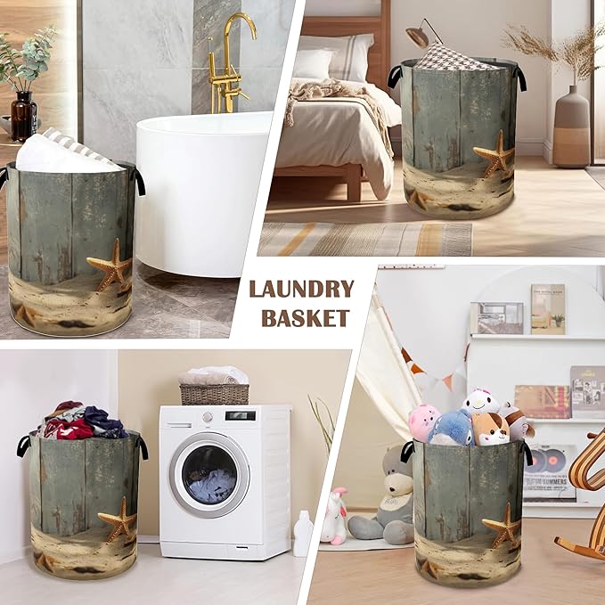 Large Laundry Basket,Sand Starfish Collapsible Laundry Baskets,Wood Board Waterproof Oxford Hamper with Handles for Bathroom Bedroom Nursery Home Storage 16"x20"