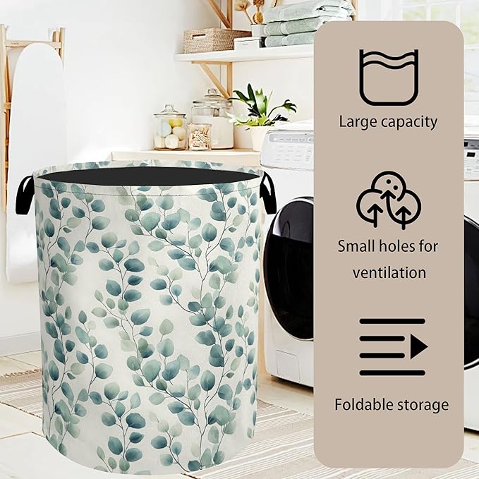 Sage Green Plant Large Clothes Hamper Bag - Laundry Basket with Handles, Space Saving Foldable Design for Nursery