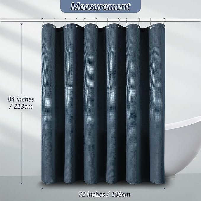 Long Blue Shower Curtains for Bathroom Waffle Weave 84 Inches Length Heavy Duty Fabric Navy Shower Curtain, 256GSM Waterproof Luxury Shower Curtain with 12 Hooks, 72Wx84H Navy Blue