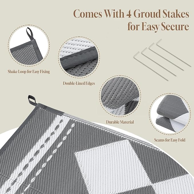 OMERAI Reversible Waterproof Outdoor Rug for Backyard,Plastic Textured Resistant Outdoors Rugs,Portable Washable Easy Cleaning Foldable Camping Beach Carpet for Patio Courtyard, 5'x8' Gray & White
