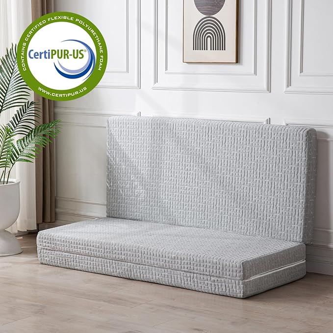 Foldable Mattress, 4 Inch Memory Foam Guest Floor Mat, Tri Folding Portable Mattress for Kids and Adults, Washable Cover, Non-Slip Design, Twin Grey (Size: 38" L x 74" W x 4" Th)